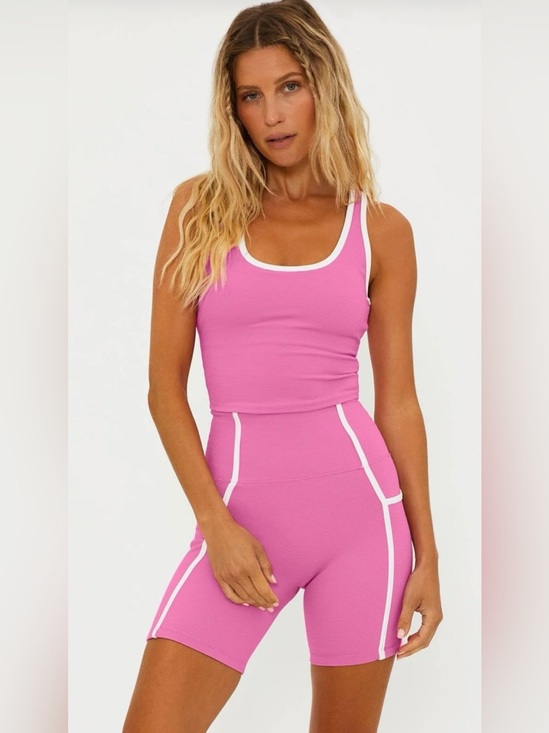 Beach Riot Pants - Beach Riot Pink Ribbed Sport Set with White Trim